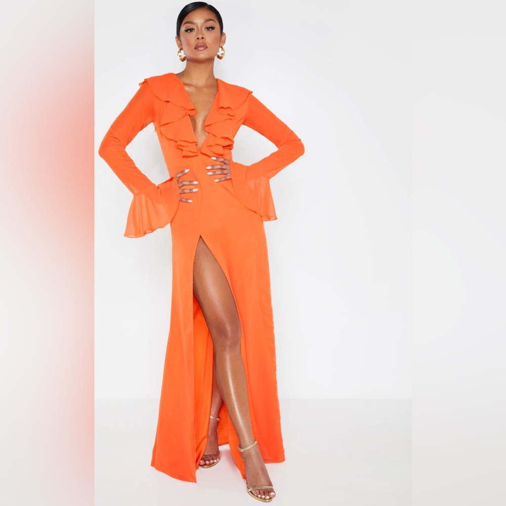 Prettylittlething Bright Orange Plunge Frill Maxi Dress Long Floor-Sweeping Sz 8